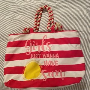 Large Striped Pink & White Canvas Beach Bag